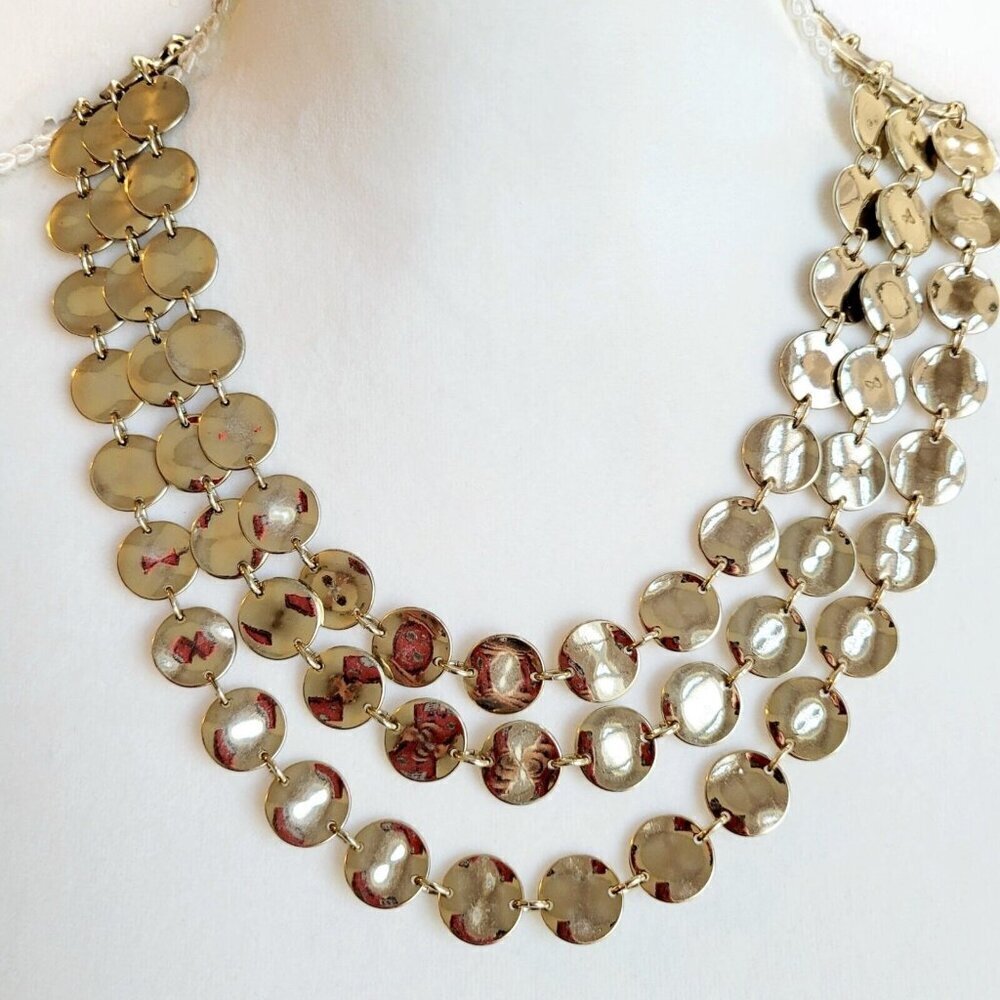 Talbots Triple Row Gold Tone Discs Necklace Classic Timeless Versatile Career